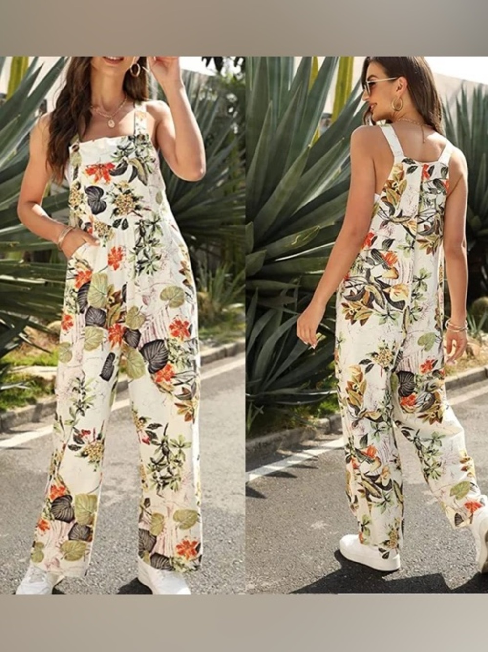 Botanical Print Cream Wide-Leg Jumpsuit